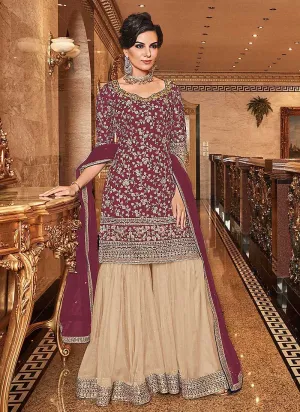 Pink and Cream Embroidered Sharara Style Suit