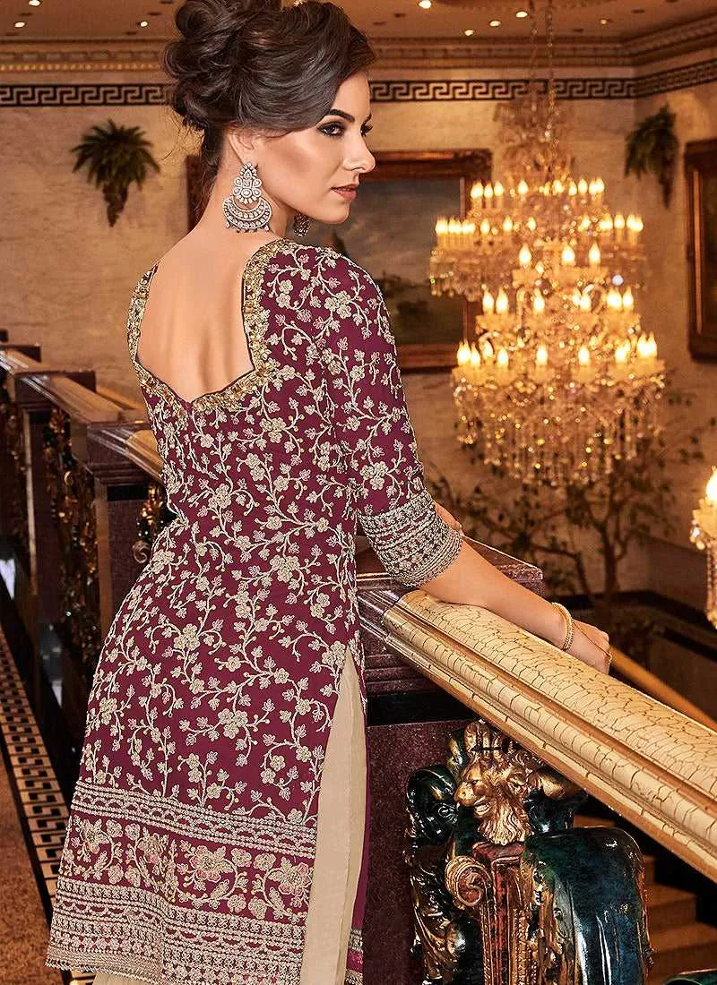 Pink and Cream Embroidered Sharara Style Suit