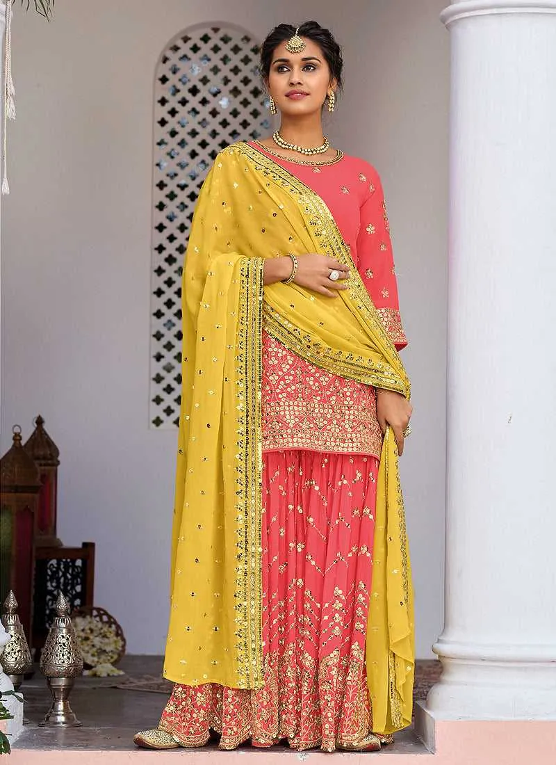 Pink and Yellow Heavy Embroidered Sharara Suit