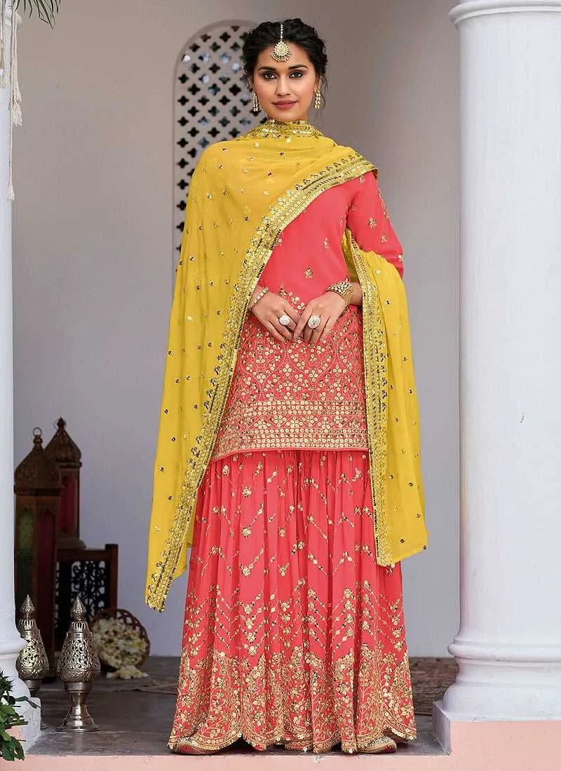 Pink and Yellow Heavy Embroidered Sharara Suit