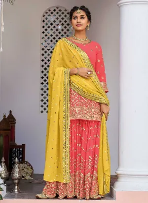 Pink and Yellow Heavy Embroidered Sharara Suit