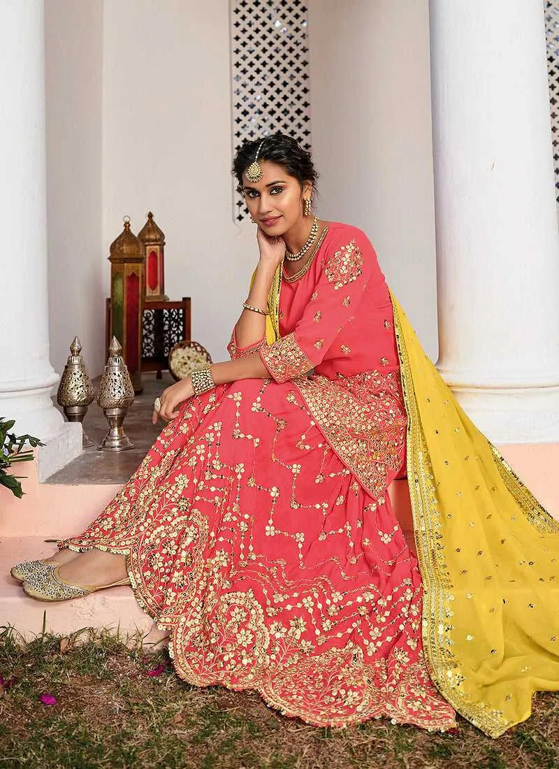 Pink and Yellow Heavy Embroidered Sharara Suit