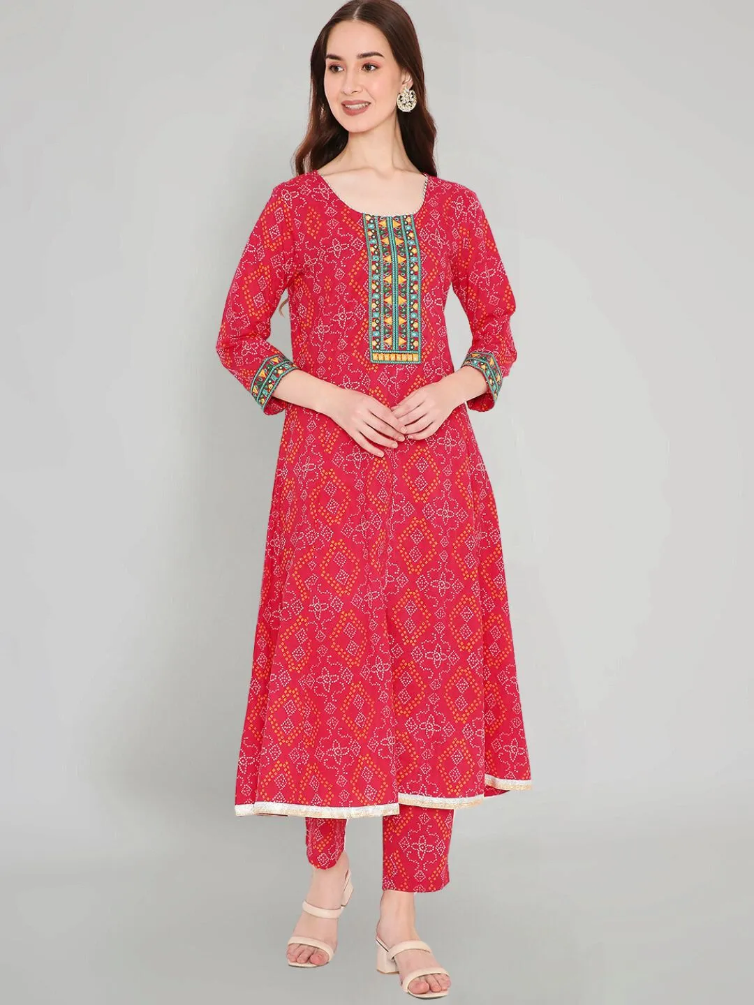 Pink Cotton Printed Kurta with Embroidered Neck and Lace Inserts