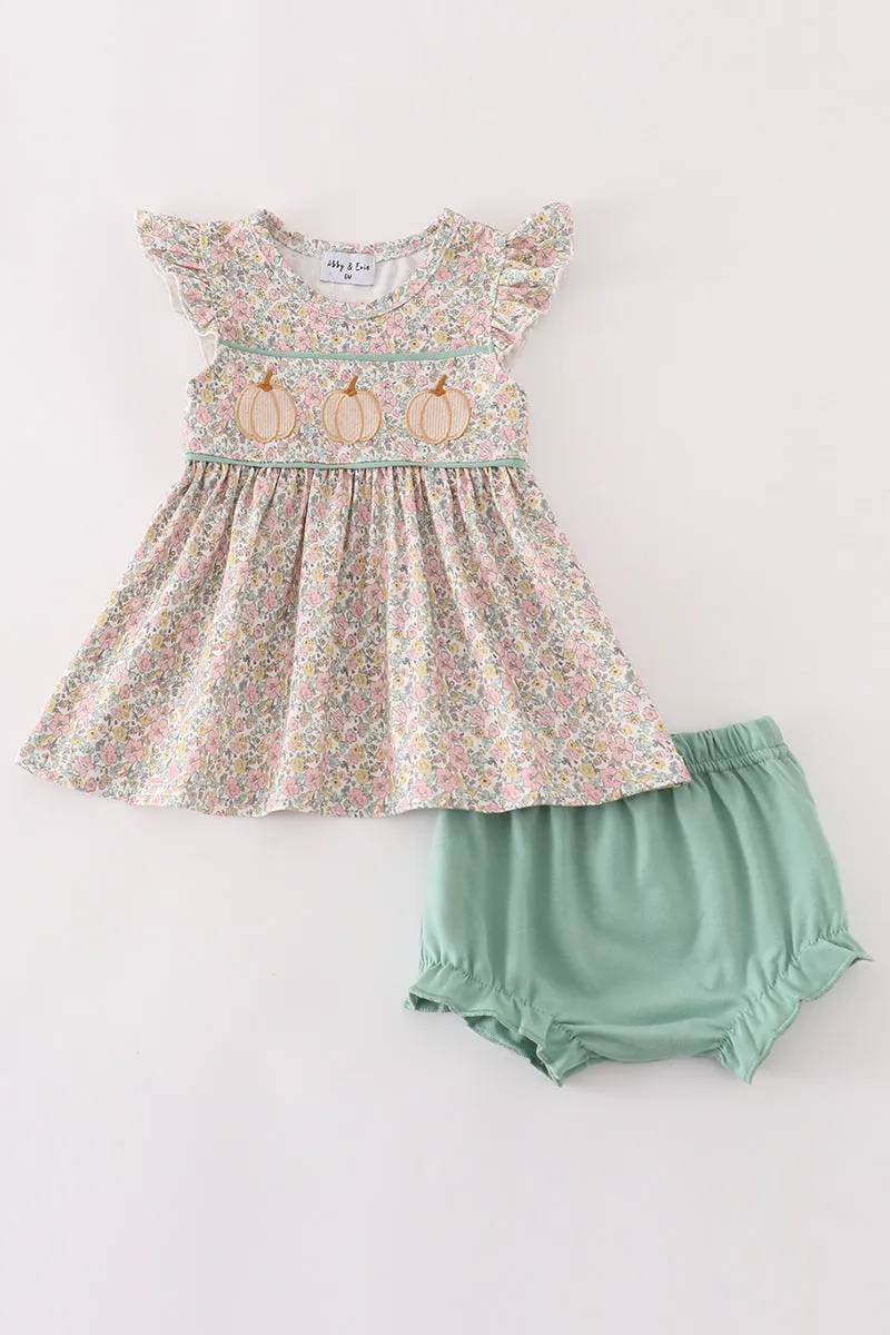 Pink Floral Print Pumpkin Embroidery Baby Set
