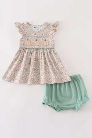 Pink Floral Print Pumpkin Embroidery Baby Set