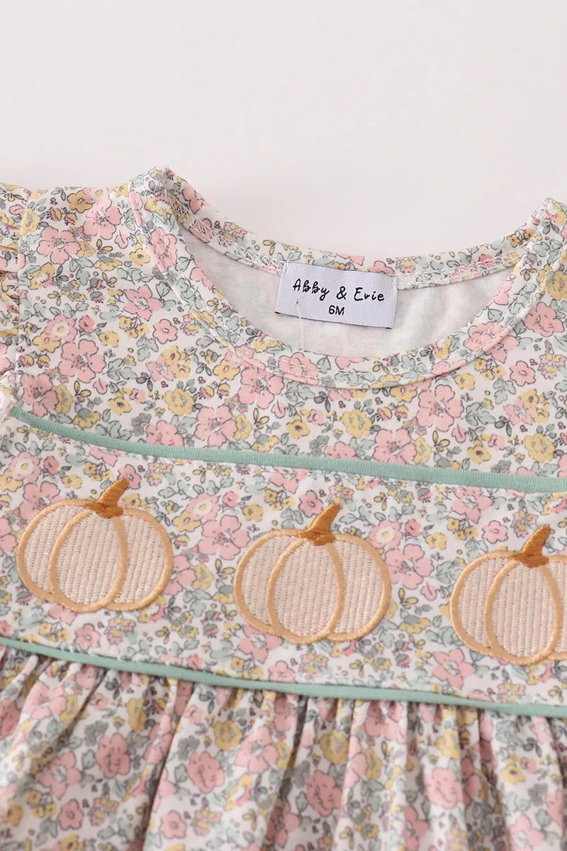 Pink Floral Print Pumpkin Embroidery Baby Set