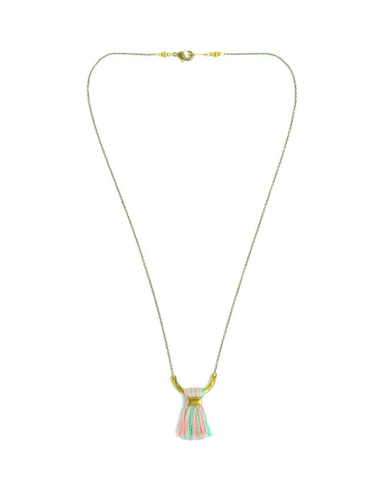 Pink teal tassel necklace | brass delicate necklace