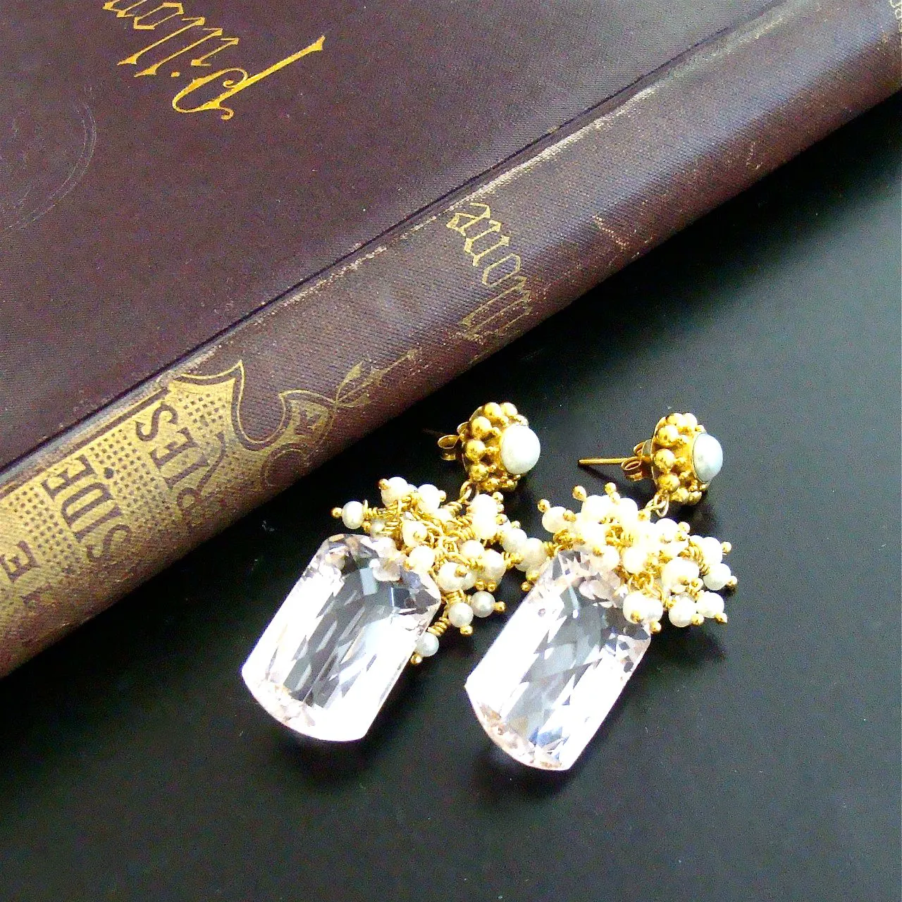 Pink Topaz Seed Pearl Cluster Earrings - Marisol Earrings