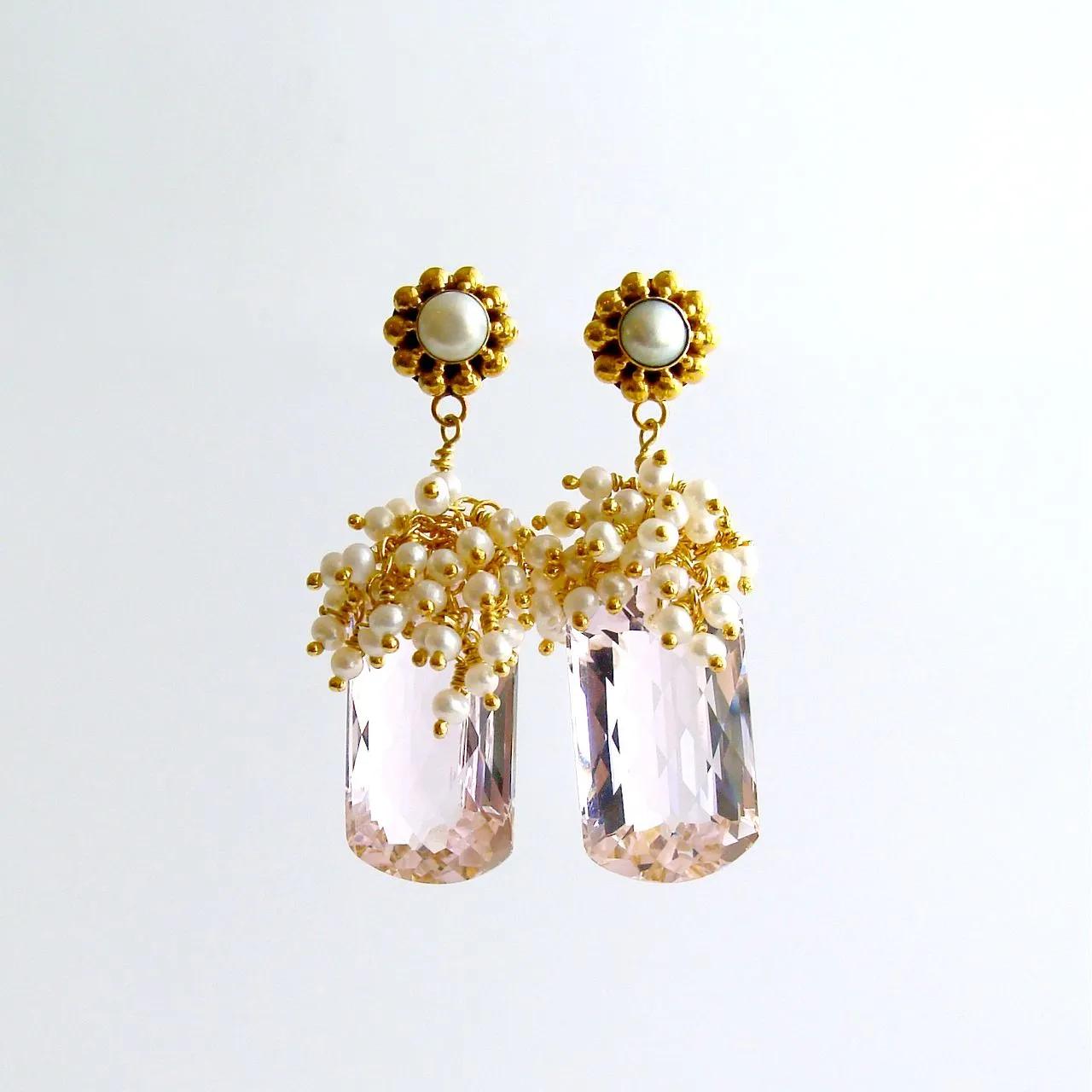 Pink Topaz Seed Pearl Cluster Earrings - Marisol Earrings