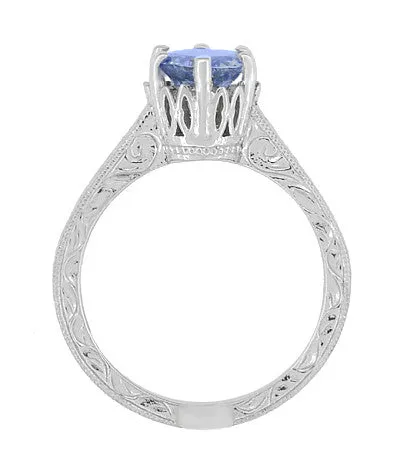 Platinum Art Deco Filigree Engraved Scrolls Crown Solitare Tanzanite Engagement Ring
