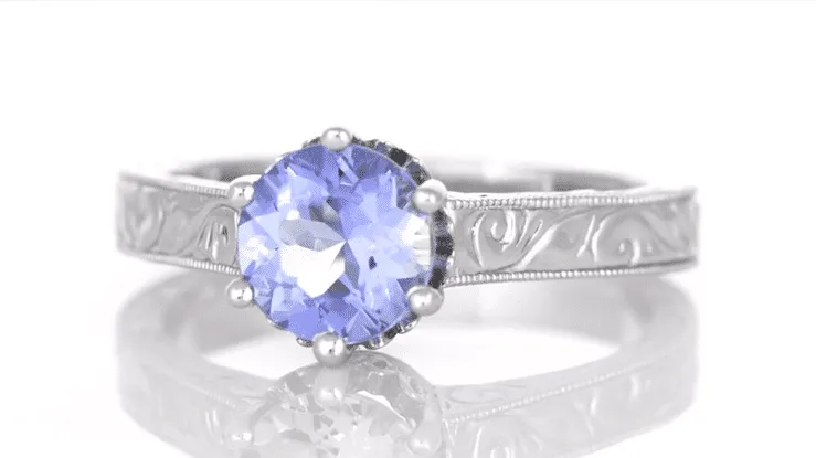 Platinum Art Deco Filigree Engraved Scrolls Crown Solitare Tanzanite Engagement Ring