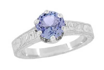 Platinum Art Deco Filigree Engraved Scrolls Crown Solitare Tanzanite Engagement Ring