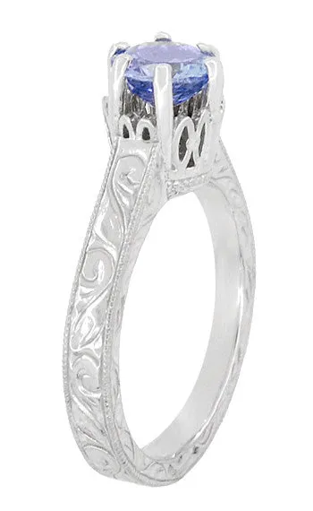 Platinum Art Deco Filigree Engraved Scrolls Crown Solitare Tanzanite Engagement Ring