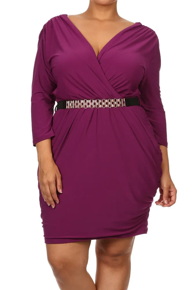 Plus Size Alluring Surplice Belted Ruched Purple Dress