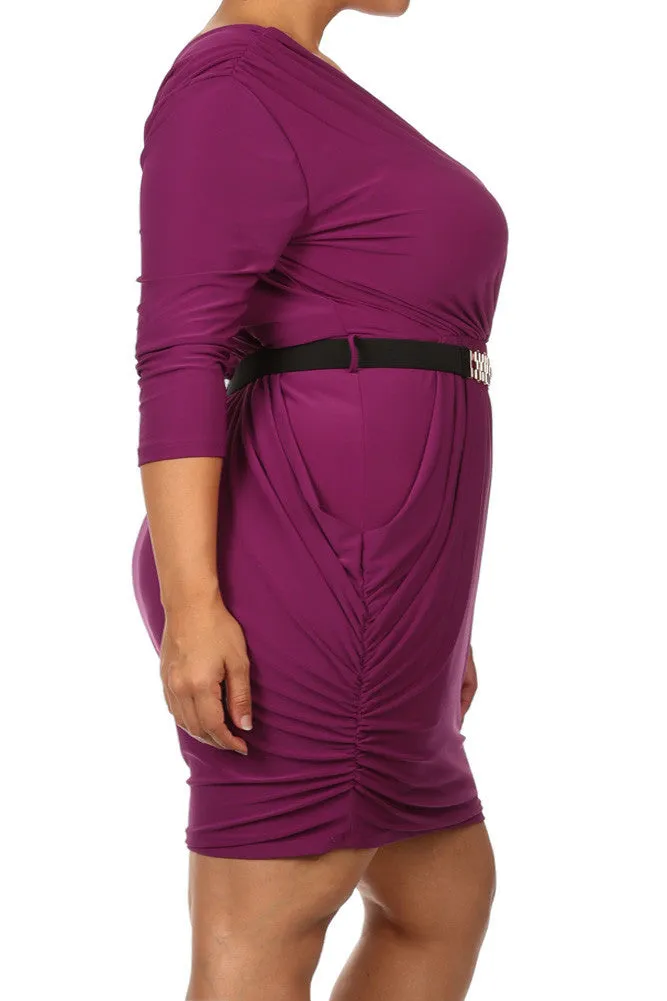 Plus Size Alluring Surplice Belted Ruched Purple Dress