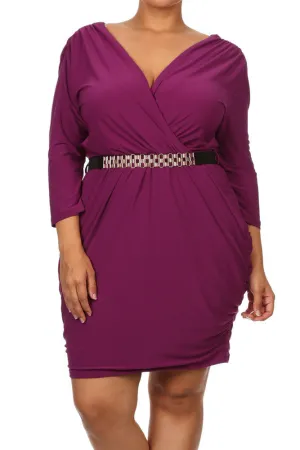 Plus Size Alluring Surplice Belted Ruched Purple Dress
