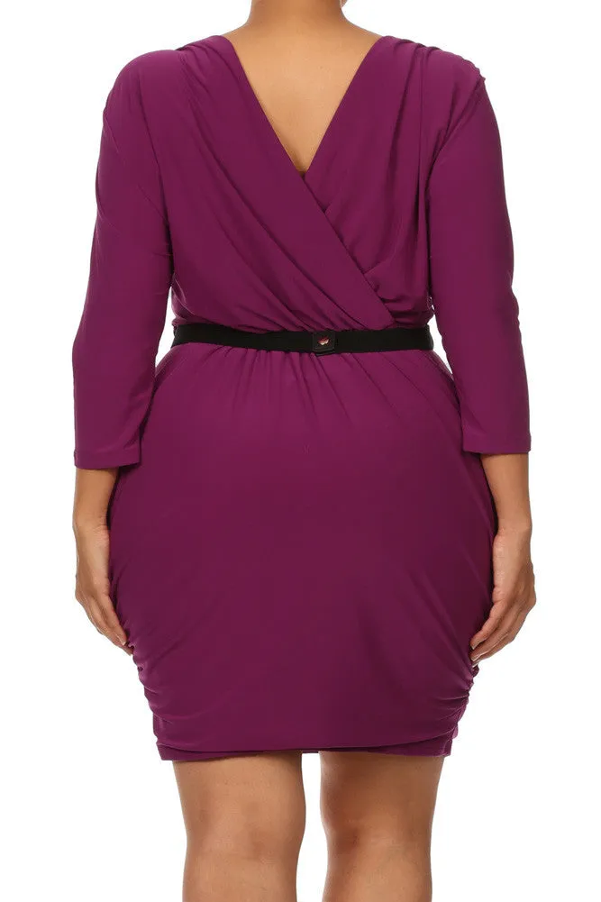 Plus Size Alluring Surplice Belted Ruched Purple Dress