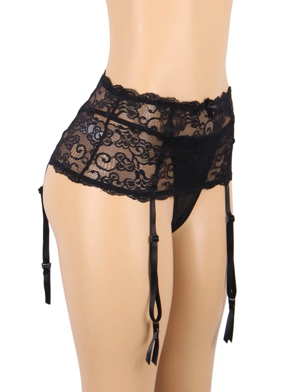 Plus Size Black Sexy Floral Lace Garter Panty
