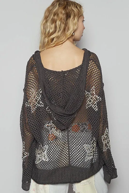 POL Star Openwork Long Sleeve Hooded Knit Cover Up