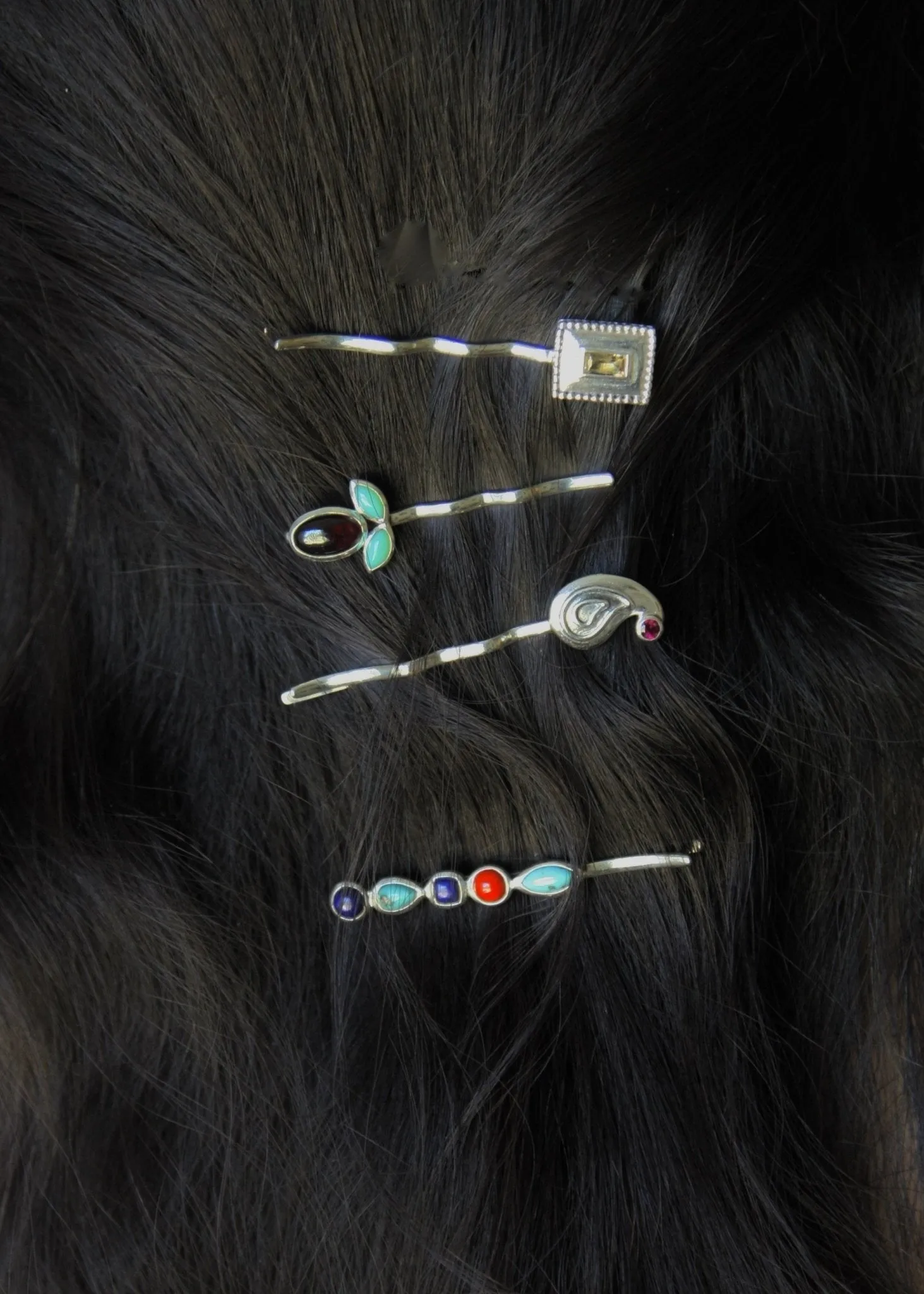 Quirky garnet and chrysoprase hair clip