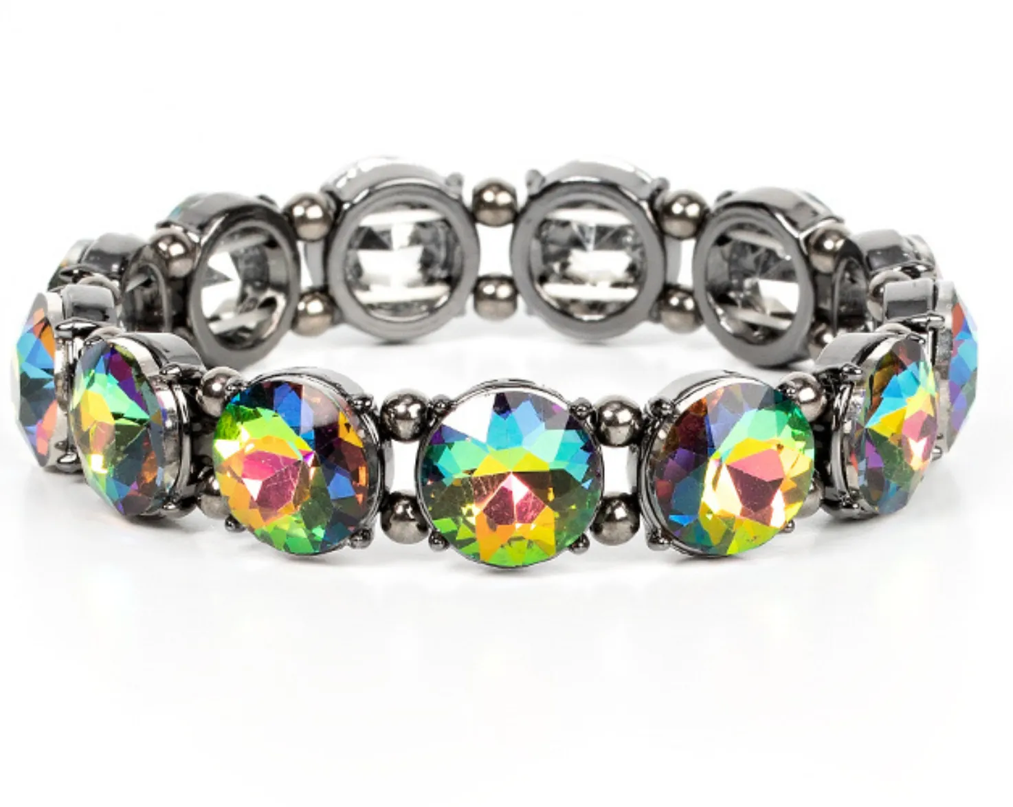 "Glitzy Glamorous" Gunmetal & Round Oil Spill Multi Rhinestones Stretch Bracelet