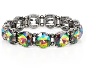 "Glitzy Glamorous" Gunmetal & Round Oil Spill Multi Rhinestones Stretch Bracelet
