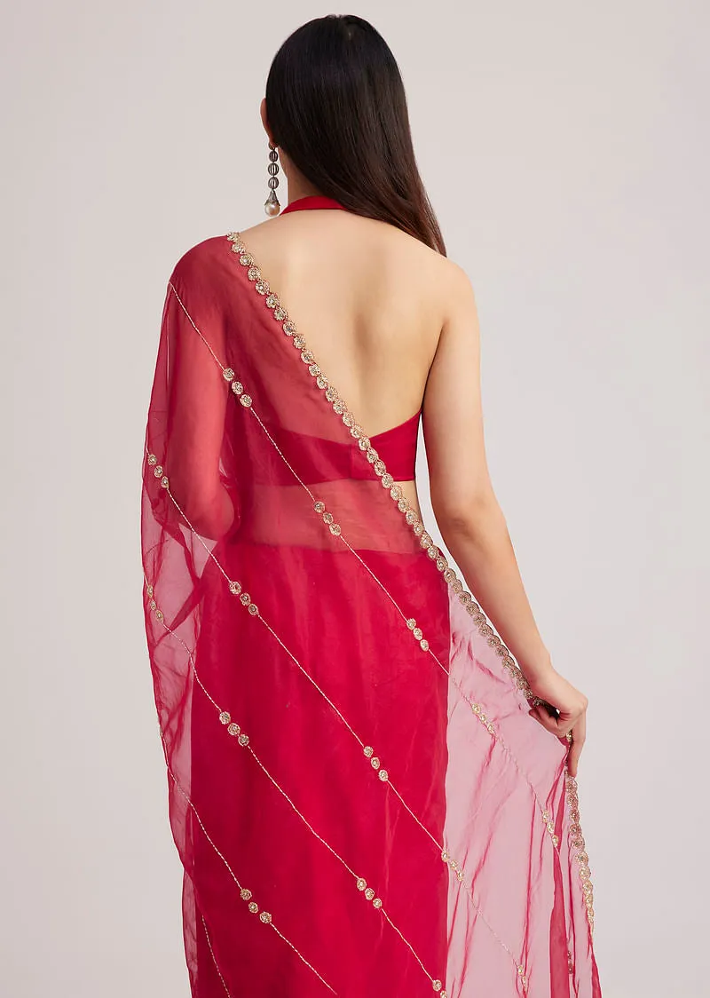 Rani Pink Organza Saree With Overall Cutdana Work