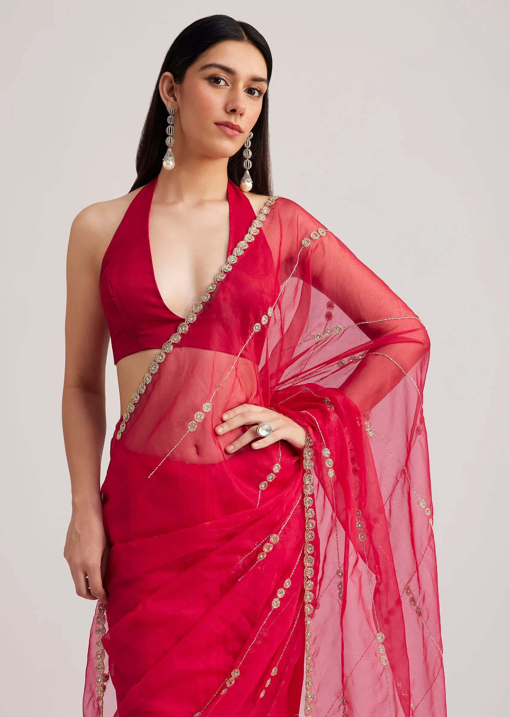 Rani Pink Organza Saree With Overall Cutdana Work