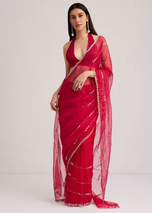 Rani Pink Organza Saree With Overall Cutdana Work