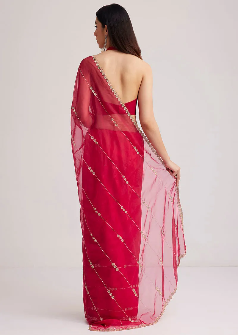 Rani Pink Organza Saree With Overall Cutdana Work