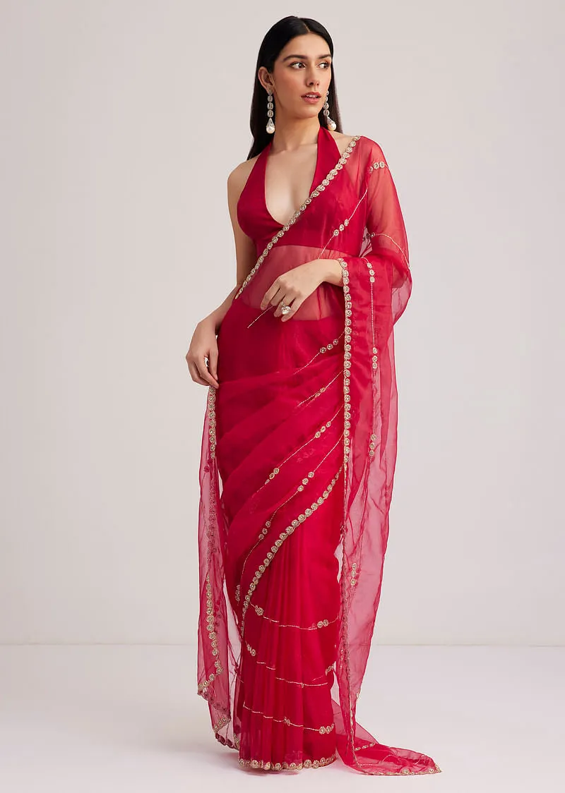 Rani Pink Organza Saree With Overall Cutdana Work