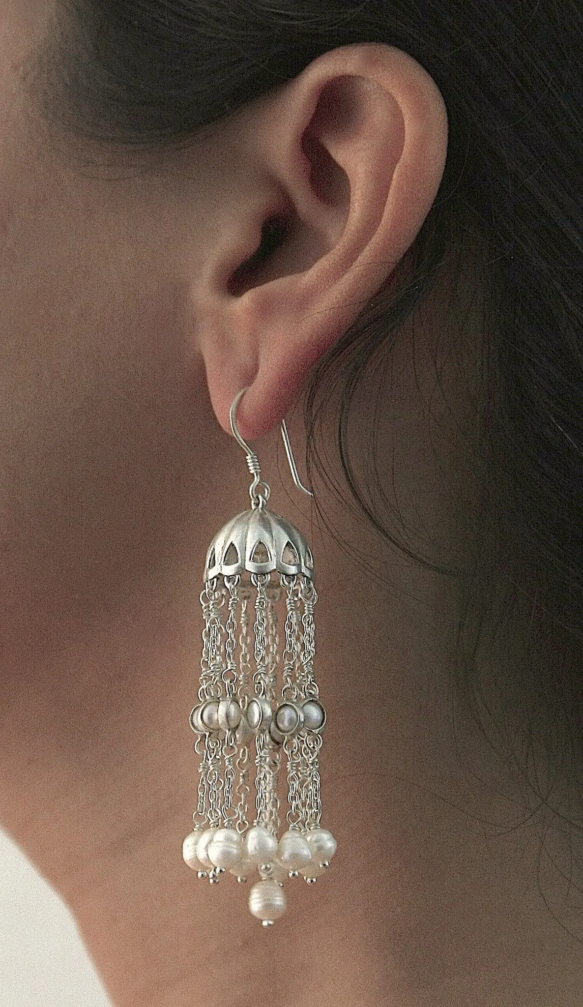 Ravishing, long pearl jhumkas/chandelier earrings