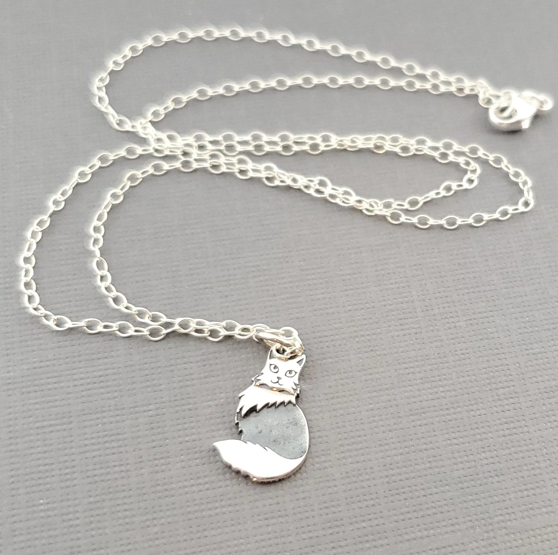 Realistic Fluffy Cat Charm Sterling Silver Necklace - Gift for Her
