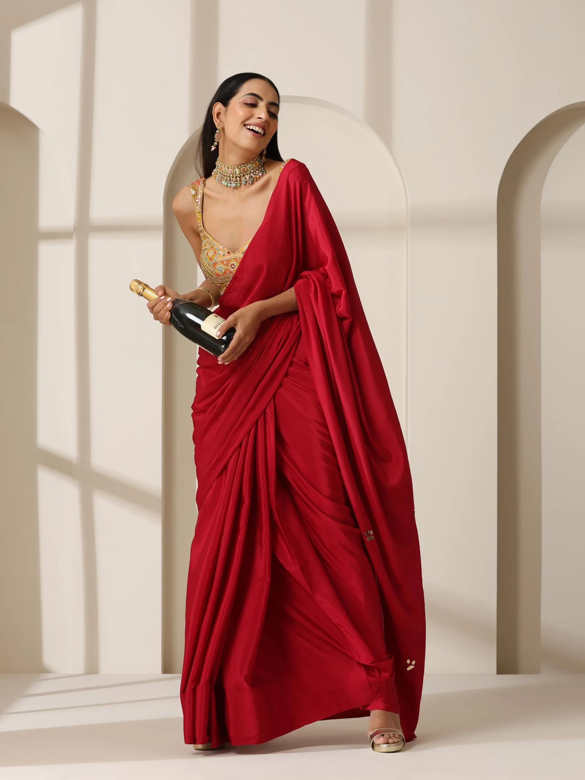Red Crepe Saree with Beads on Pallu and Self Blouse Fabric