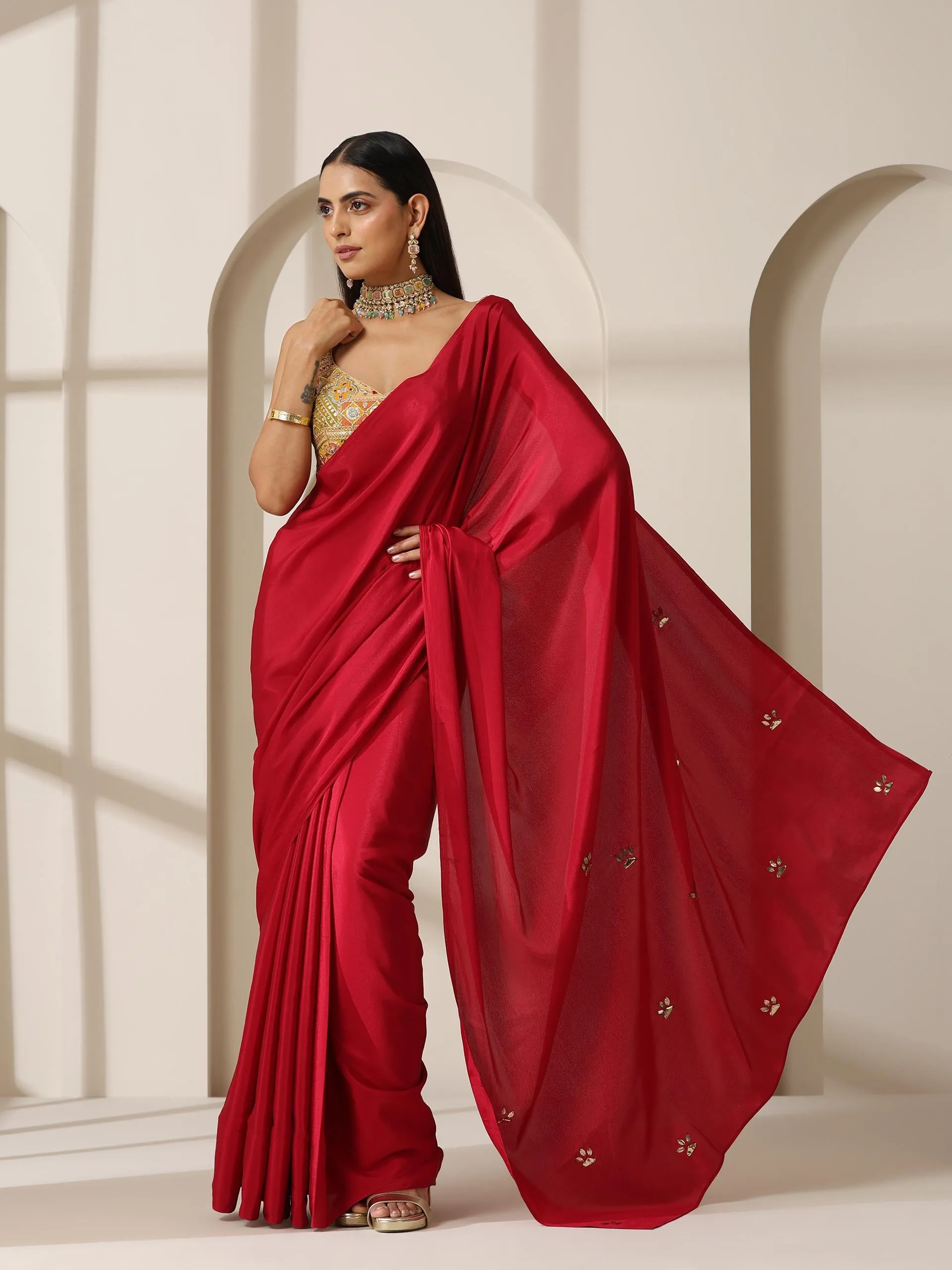 Red Crepe Saree with Beads on Pallu and Self Blouse Fabric