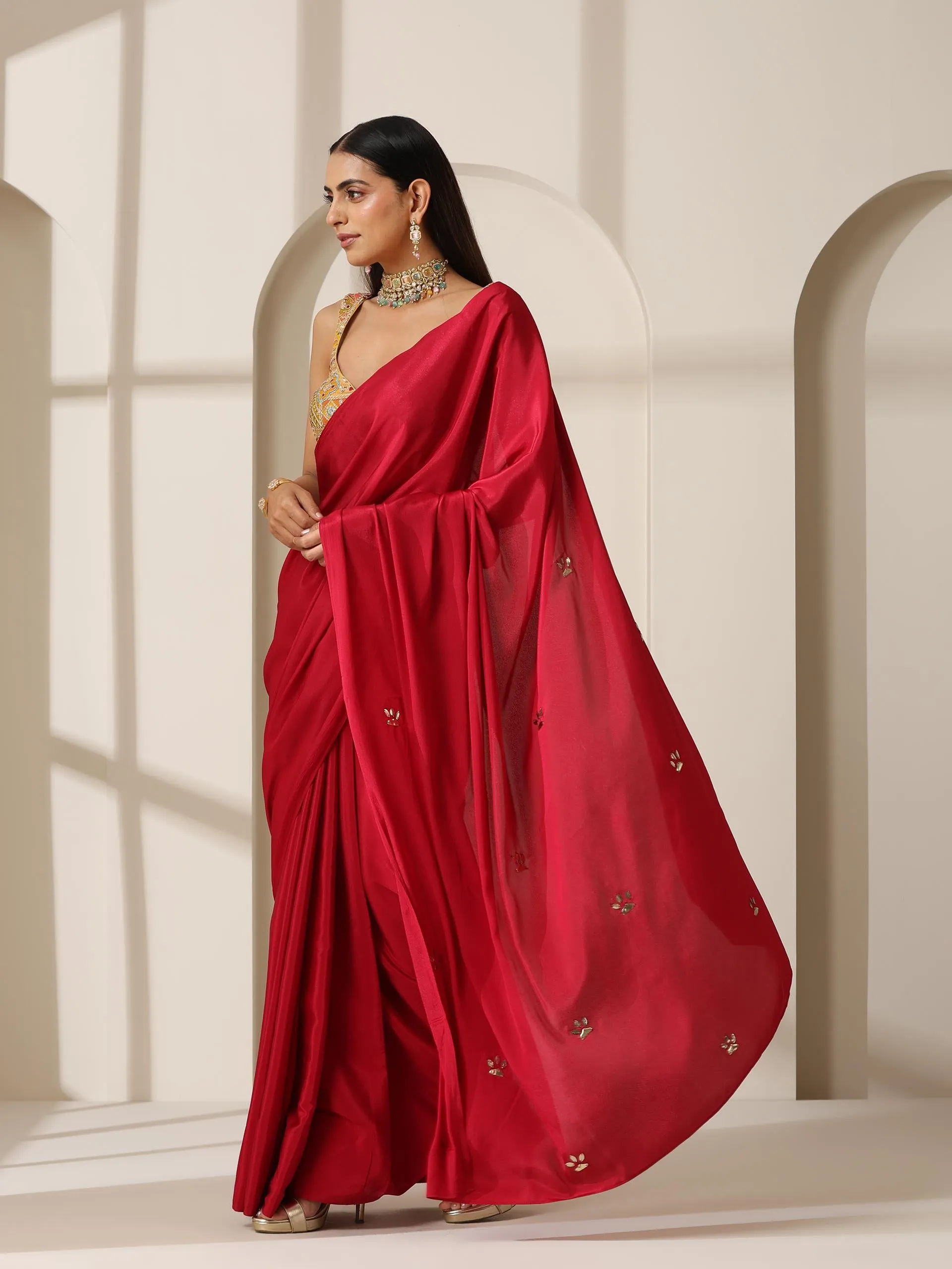 Red Crepe Saree with Beads on Pallu and Self Blouse Fabric