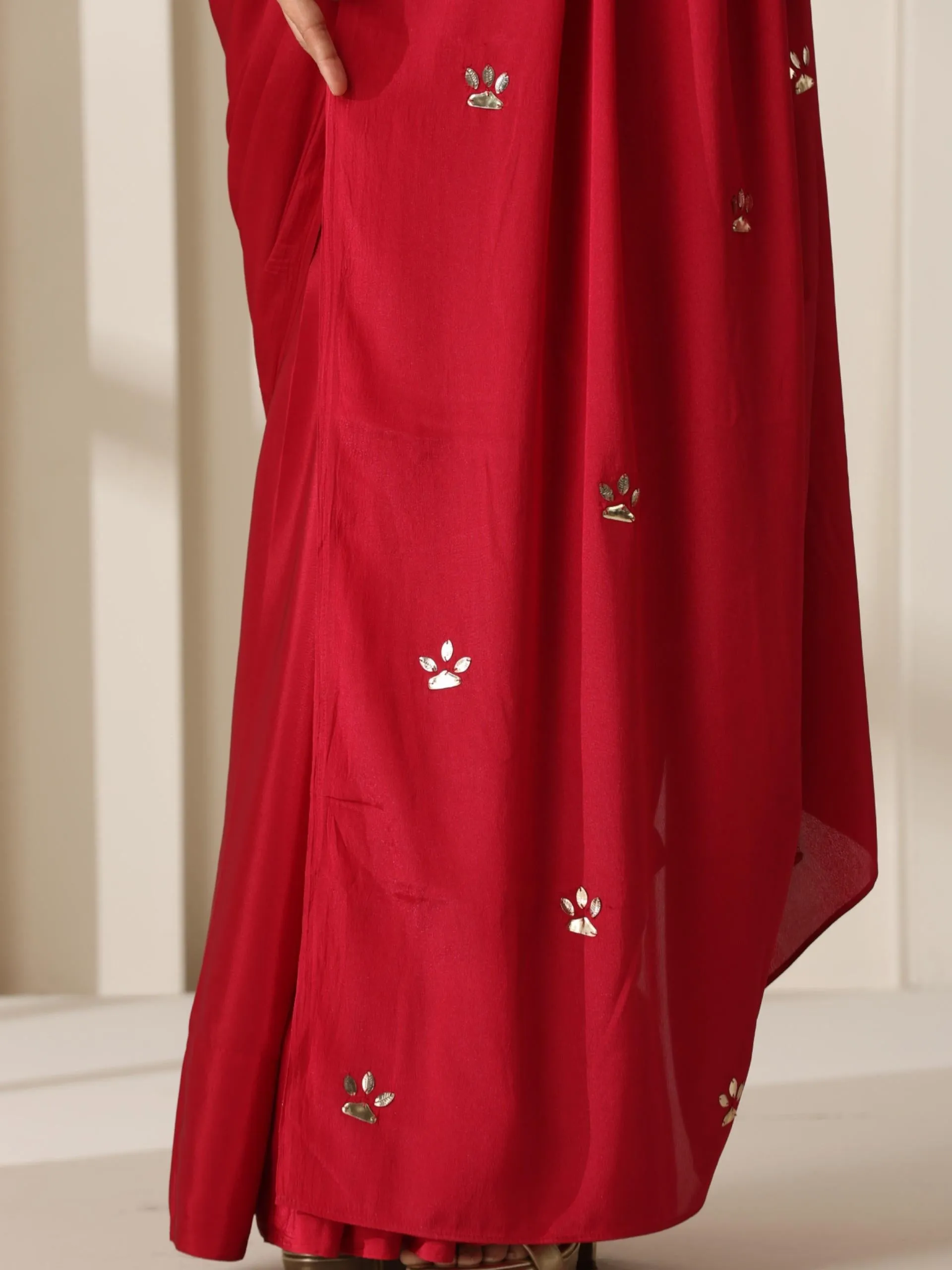 Red Crepe Saree with Beads on Pallu and Self Blouse Fabric