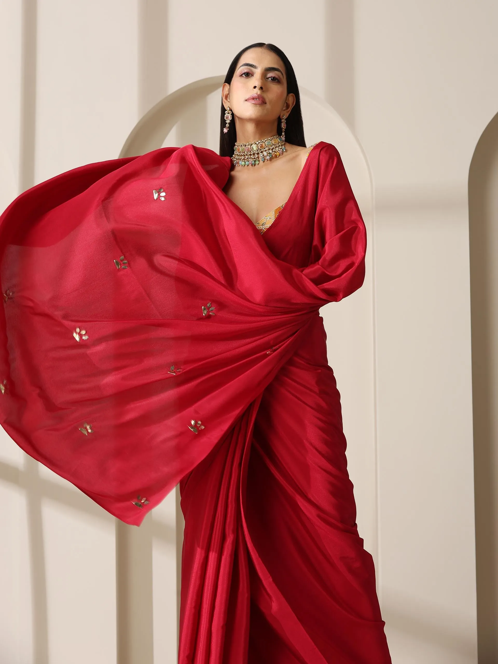 Red Crepe Saree with Beads on Pallu and Self Blouse Fabric