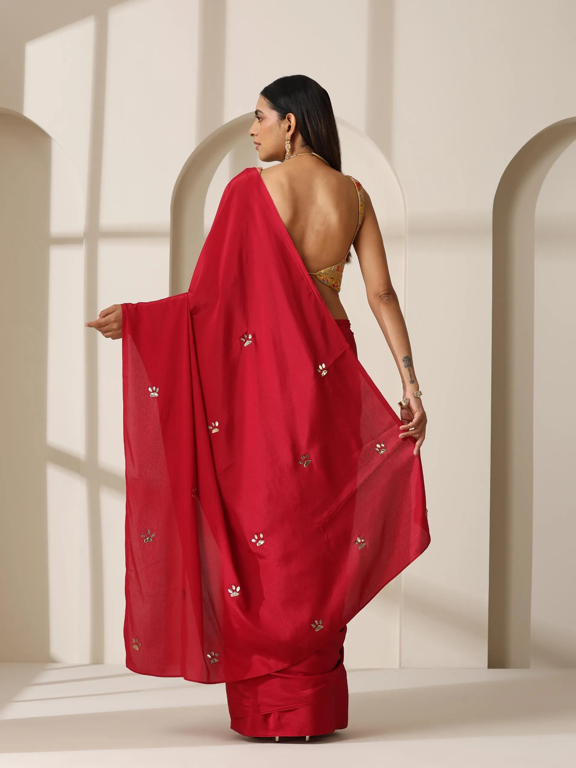 Red Crepe Saree with Beads on Pallu and Self Blouse Fabric