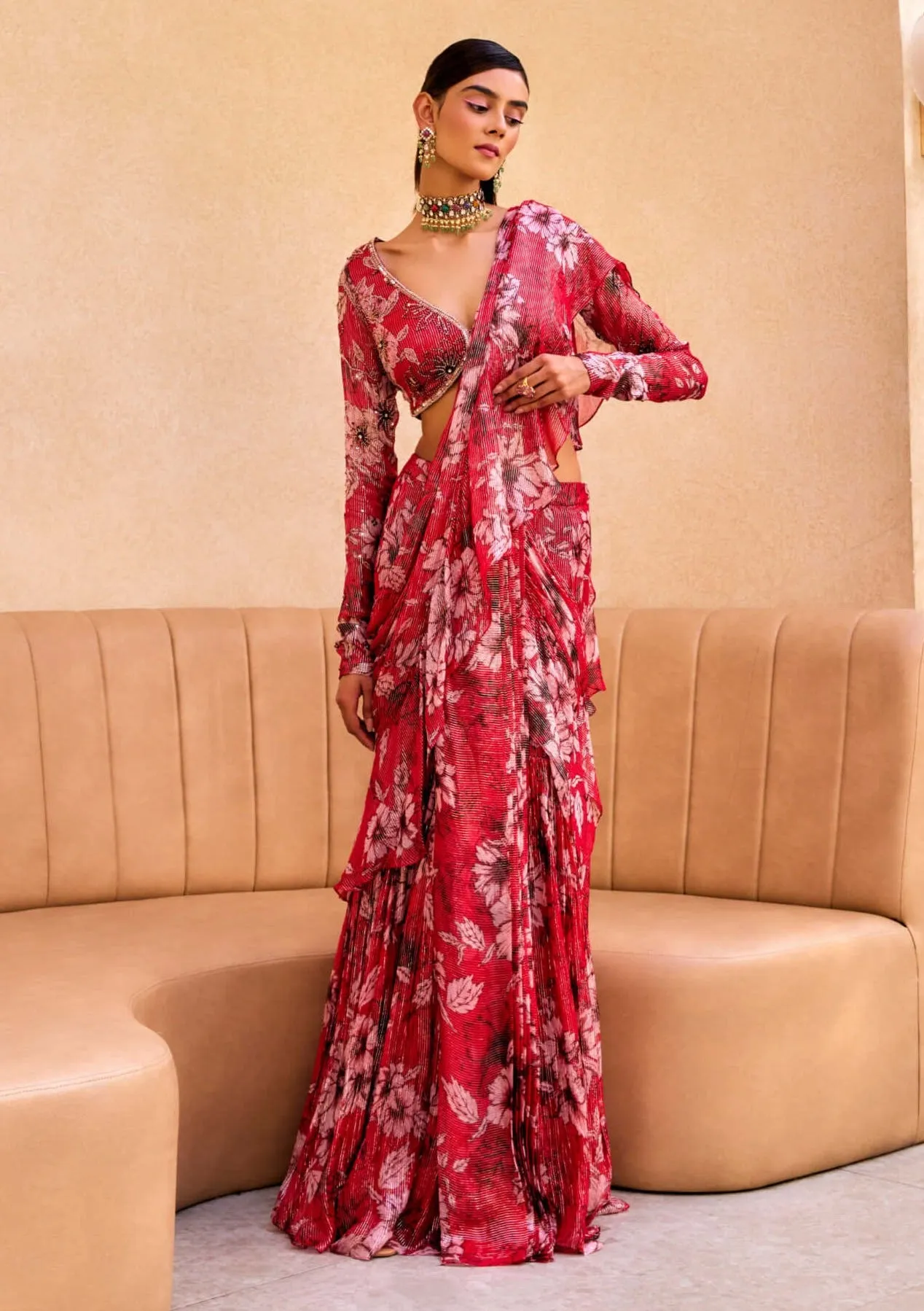 Red floral print ruffle sari and blouse