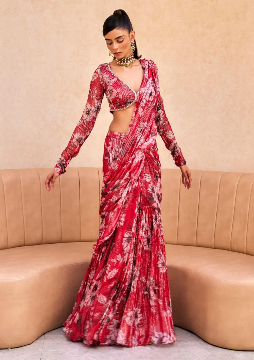 Red floral print ruffle sari and blouse