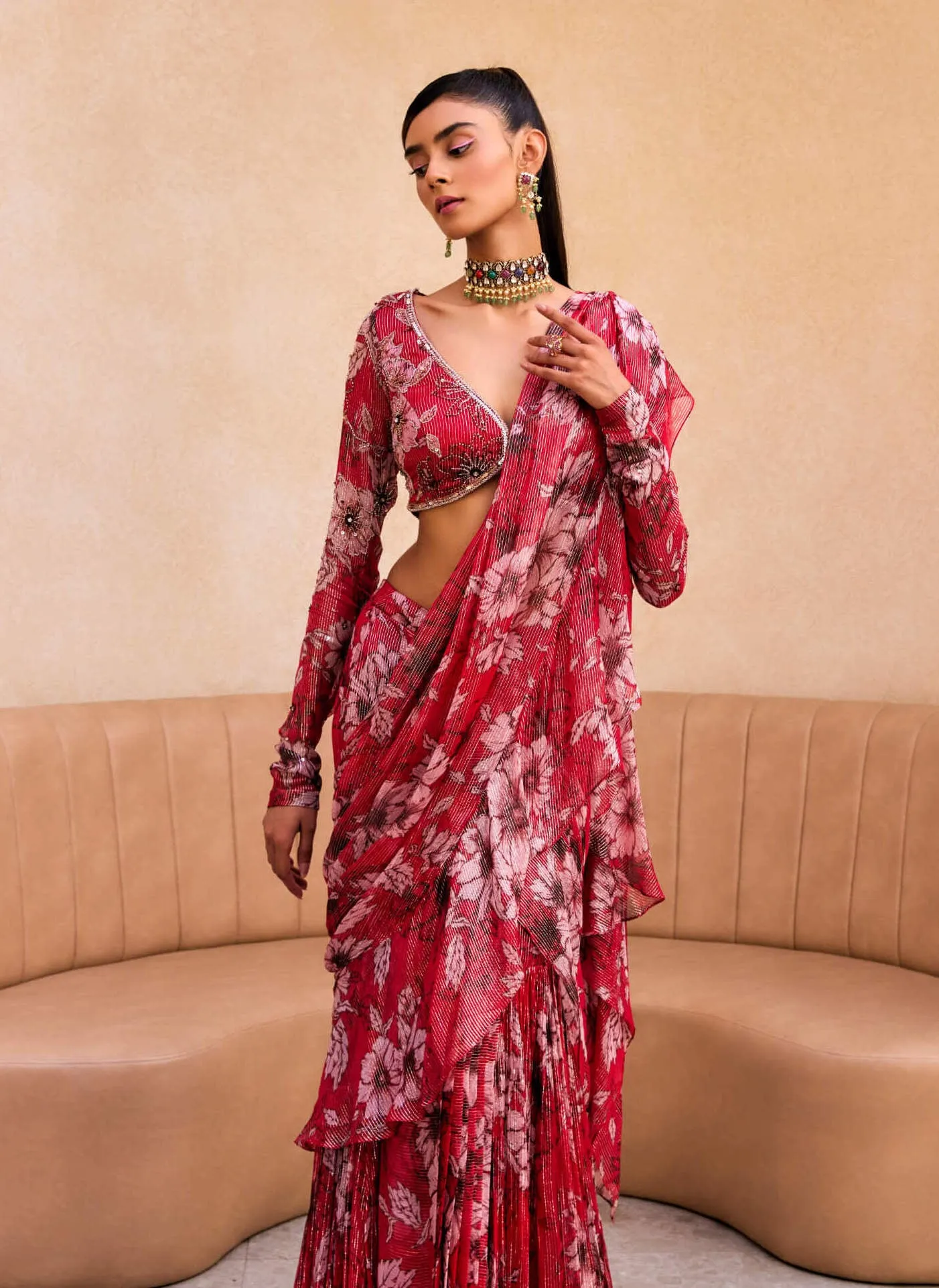 Red floral print ruffle sari and blouse