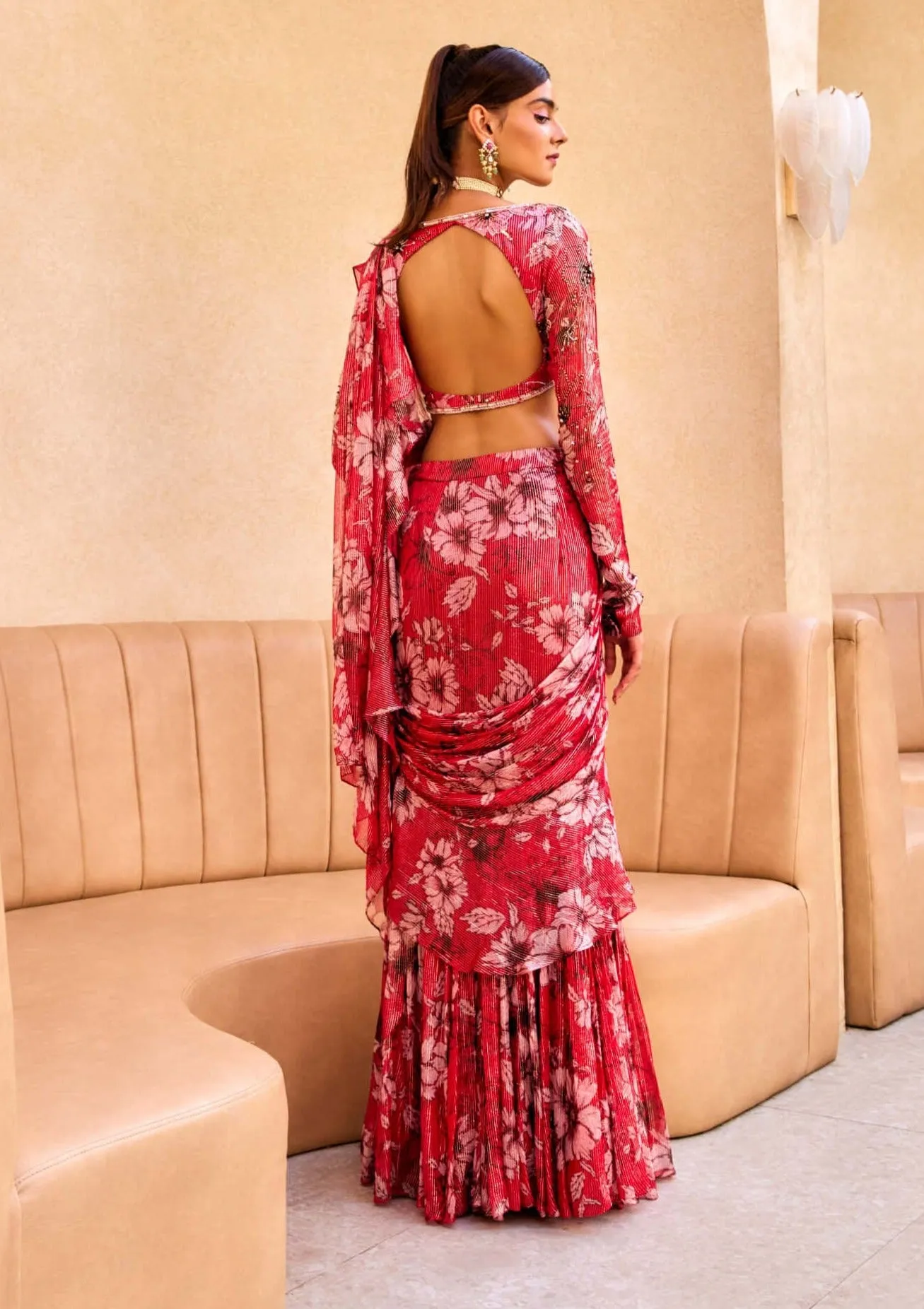 Red floral print ruffle sari and blouse
