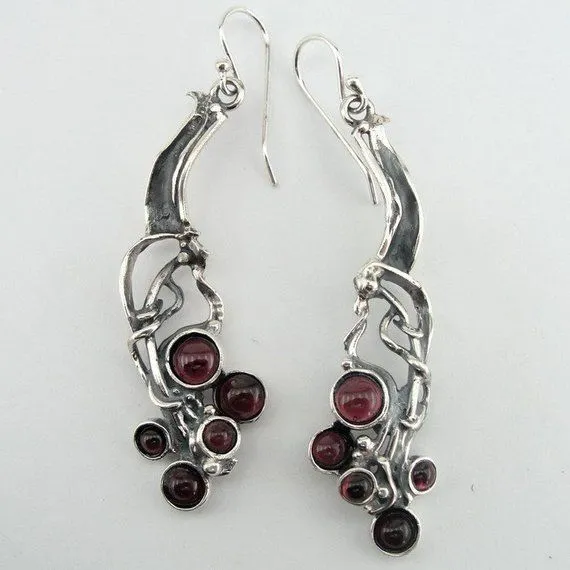 Red Garnet Earrings 925 Sterling Silver  Handmade long Dangle Hadar Designers (H)