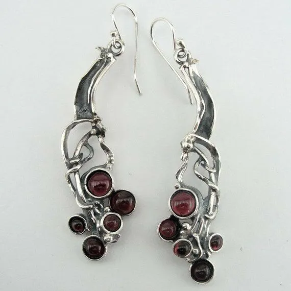 Red Garnet Earrings 925 Sterling Silver  Handmade long Dangle Hadar Designers (H)