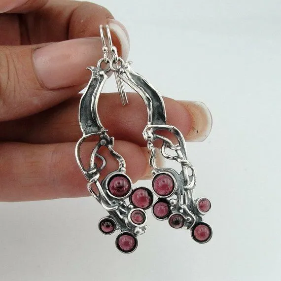 Red Garnet Earrings 925 Sterling Silver  Handmade long Dangle Hadar Designers (H)