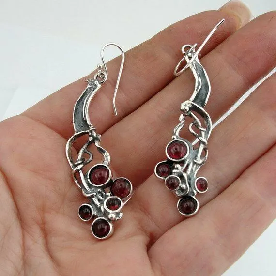 Red Garnet Earrings 925 Sterling Silver  Handmade long Dangle Hadar Designers (H)