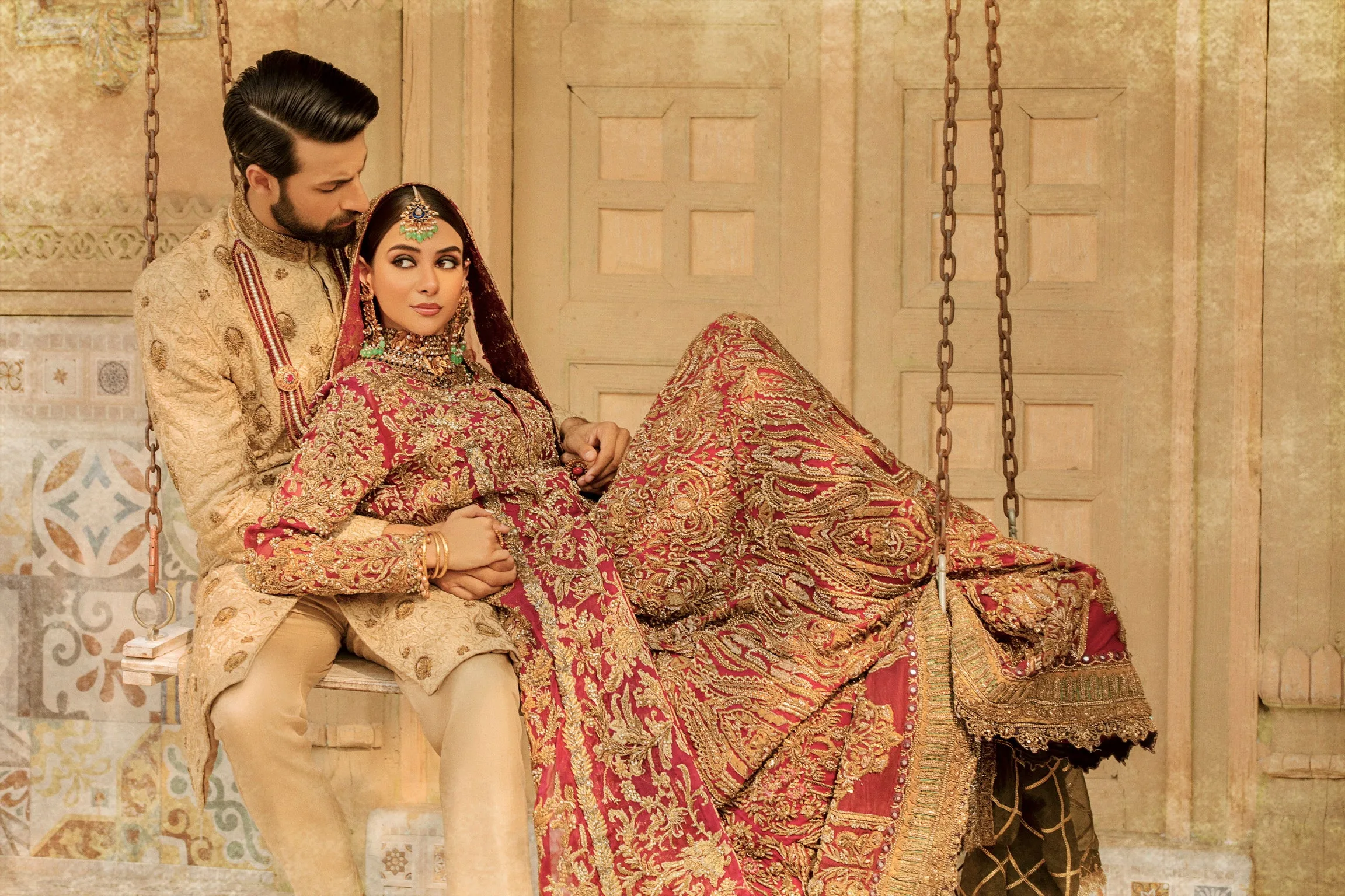 Red Lehenga with Golden Work Pakistani Wedding Dresses