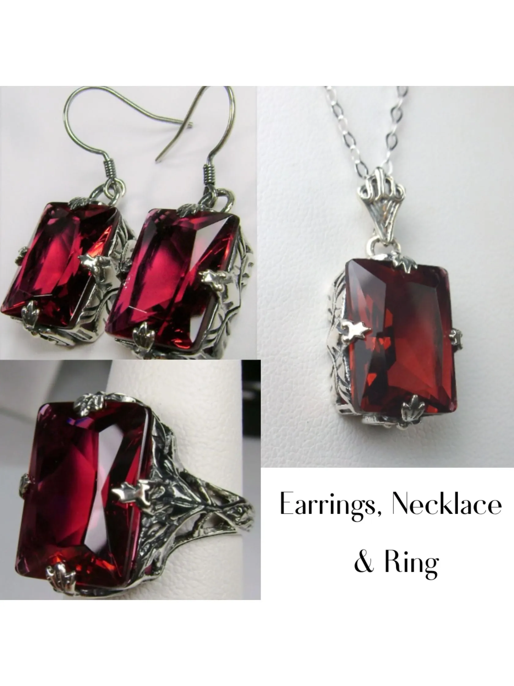 Red Ruby Jewelry Set, Rectangle Art Deco Set includes Ring, Earrings & Pendant #S15