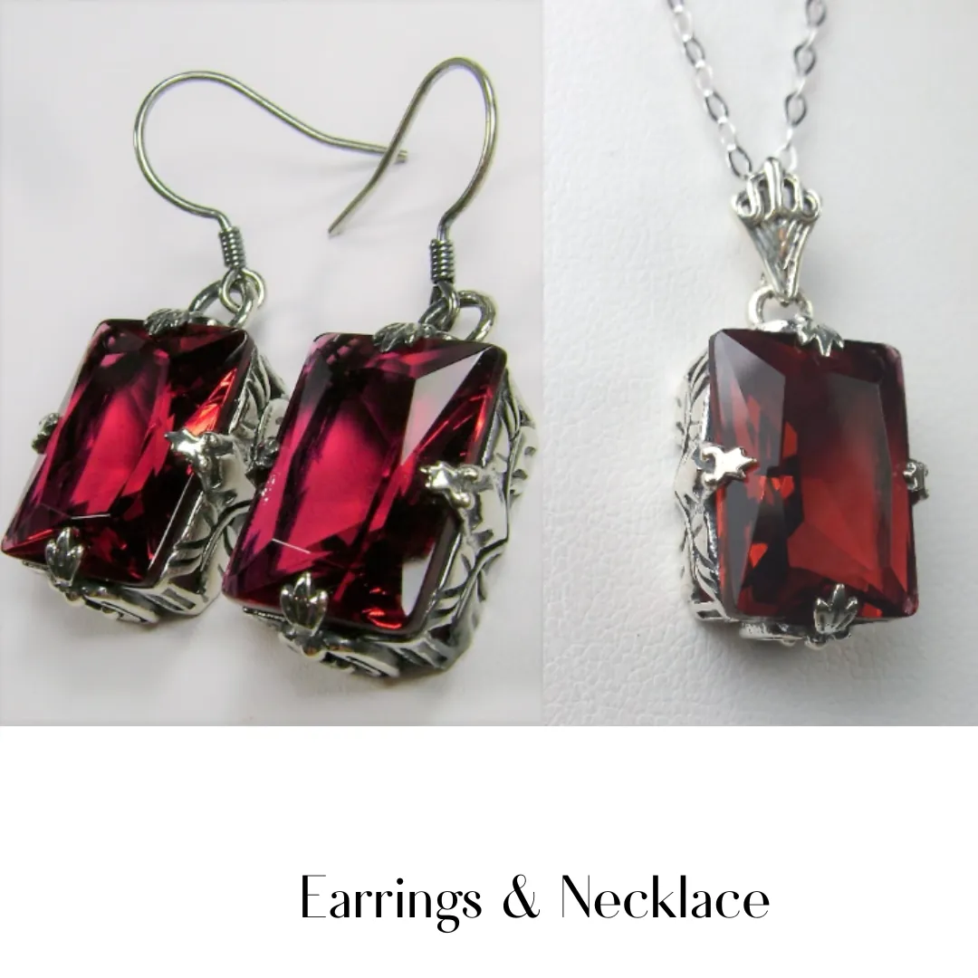 Red Ruby Jewelry Set, Rectangle Art Deco Set includes Ring, Earrings & Pendant #S15